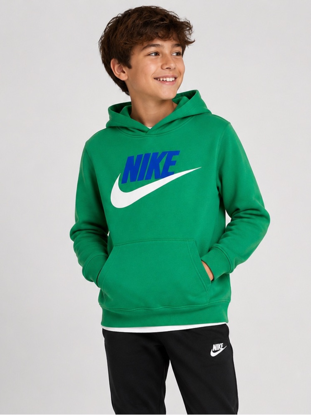 Nike Boys Pullover Hoodie Large Green Logo Sweatshirt Pocket